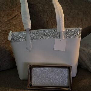 Kate Spade Silver and White Glitter Tote